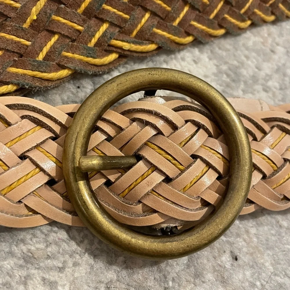 Braided Woven Leather Belt With Round Brass/Gold Tone Buckle Boho Bohemian